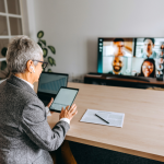 Hybrid working employees in a meeting